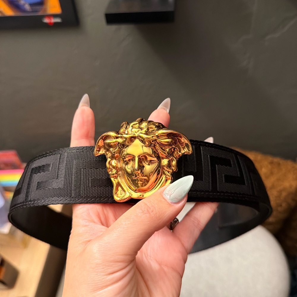 Versace Black Belt with Gold Medusa Buckle